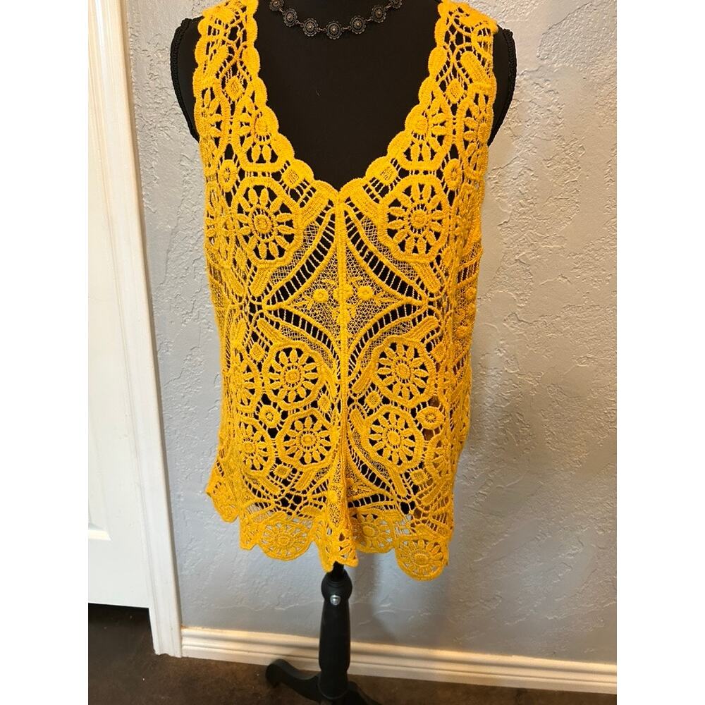 Ultra Pink Yellow Floral Crochet Vest - Size M - Boho Festival Style
